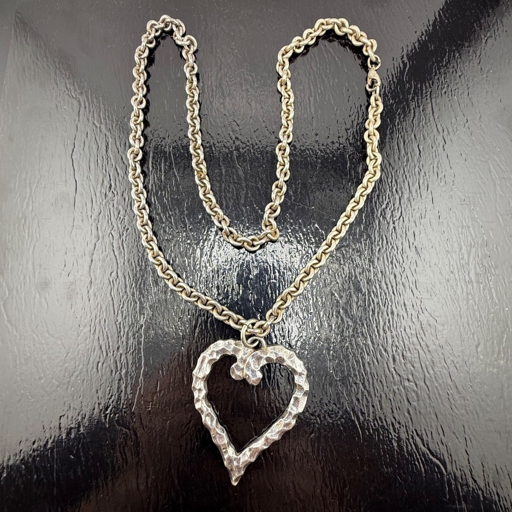Estate Heart Necklace Silver Tone Hammered Pendant 28in